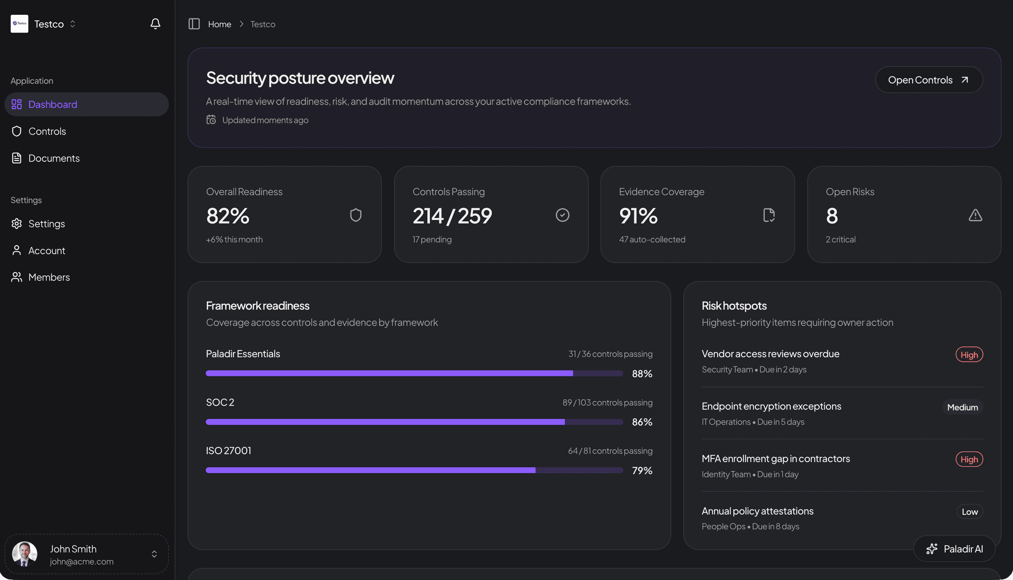 Paladir dashboard preview in dark mode