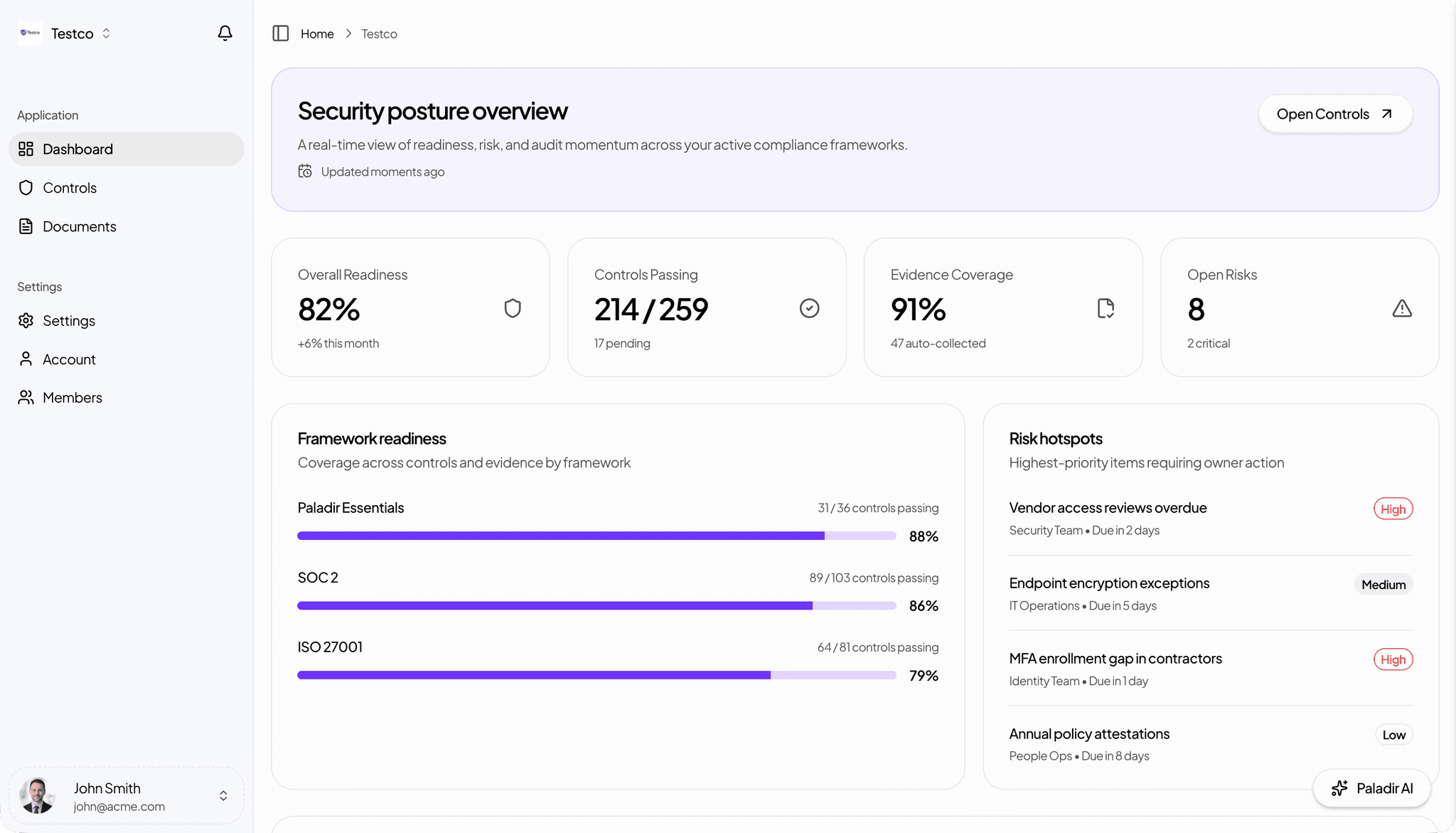 Paladir dashboard preview in light mode